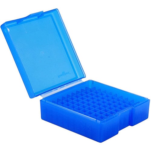 Les boîtes à munitions Frankford Arsenal sont en plastique transparent, idéales pour organiser et identifier facilement tes munitions rechargées dans divers calibres.