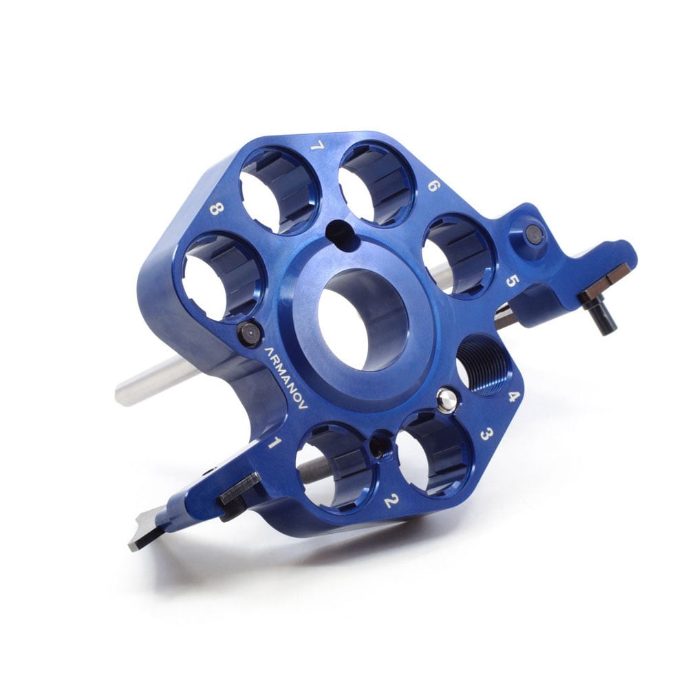 Améliore ton Dillon Super 1050 avec l'ARMANOV Toolhead : changements de die rapides, lumière LED intégrée, précision optimale et construction robuste.