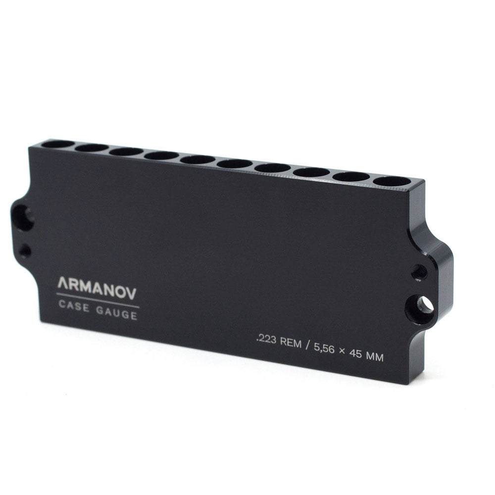 Le gauge ARMANOV pour .223 REM te permet de vérifier rapidement tes munitions, est empilable, et réduit le temps de test grâce à ses 10 emplacements.