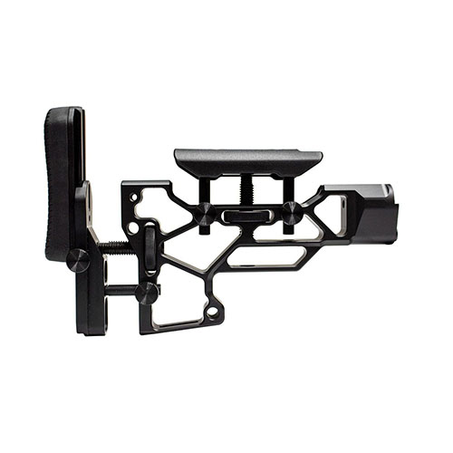 Le MDT Skeleton Rifle Stock, V5 Short, offre un réglage sans outil pour un confort optimal, avec des ajustements horizontaux, verticaux et de cant.