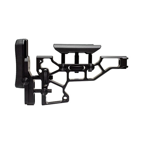 Le MDT Skeleton Rifle Stock offre un ajustement sans outil pour un confort optimal, avec des réglages horizontaux, verticaux et d'inclinaison pour un tir parfait.