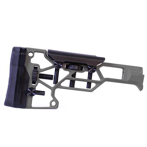 Le MDT Skeleton Rifle Stock V5 Standard offre un confort optimal grâce à ses réglages sans outil pour la joue et le buttpad, s'adaptant parfaitement à ta position de tir.
