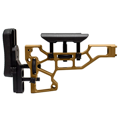 Le MDT Skeleton Rifle Stock permet un réglage sans outil pour un confort optimal, avec des ajustements horizontaux, verticaux et de cant pour un ajustement parfait.