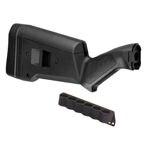 Transforme ton Remington 870 avec le SGA Buttstock ergonomique et le porte-cartouches de 6 cartouches pour des recharges rapides et un confort optimal.