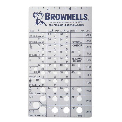 Le Brownells Screw Chek'r identifie précisément les tailles de vis et les pas de filetage, tout en offrant des tailles de perceuse et de taraud, idéal pour tes projets.
