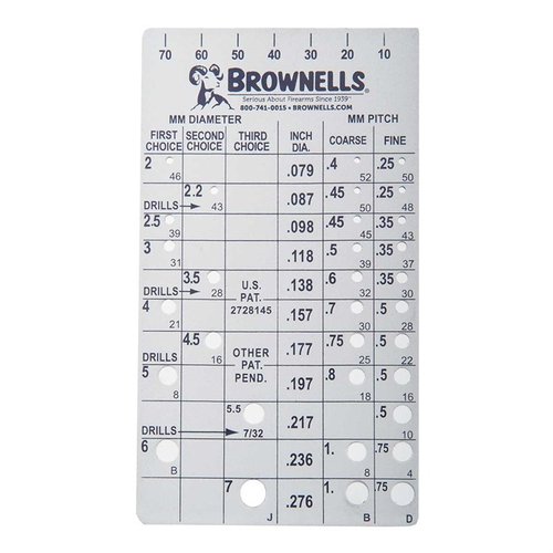 Le Brownells Screw Chek'r t'aide à identifier rapidement les tailles de vis et les pas de filetage, avec une construction durable et des marquages clairs.
