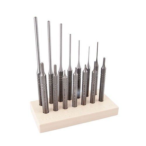 Le set de 14 punches Brownells facilite l'installation et le retrait des roll pins, avec des outils en acier durci et un bloc de rangement pratique.