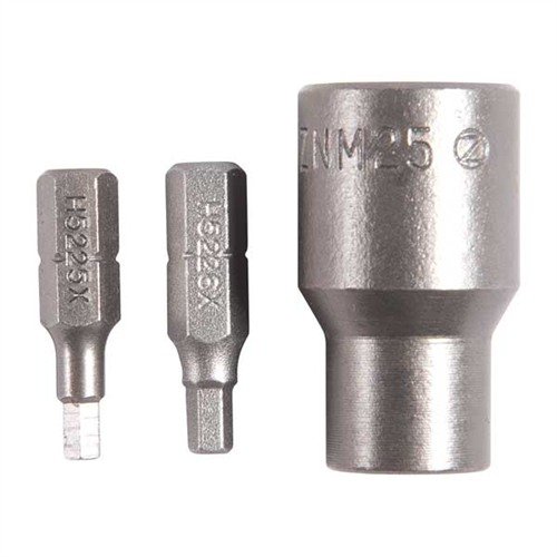 Le CARRIER KEY BIT KIT de Brownells comprend deux embouts hexagonaux pour vis de clé de porte-boulon et un adaptateur pour clé dynamométrique, parfait pour tous les AR-15/M16.