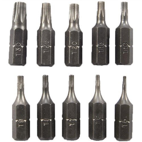 Le set de 10 TORX® BITS est idéal pour tout, des anneaux de lunette aux appareils. Le bit T-10 s'adapte parfaitement aux vis de Brownells.