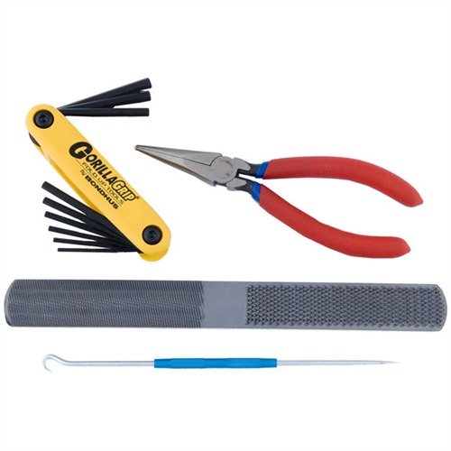 Le Basic Gunsmithing Add-On Pack No. 1 de Brownells te fournit des outils essentiels comme un 4-en-1 Hand Rasp et des Fold-Up Hex Tools pour un travail précis.
