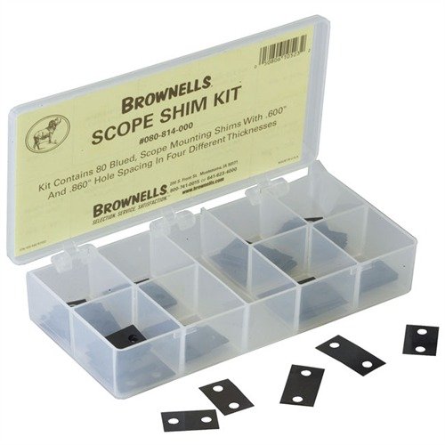 Le SCOPE SHIM KIT de BROWNELLS te fournit une sélection complète de shims pour un alignement parfait de ta lunette, avec 80 pièces en acier blued.