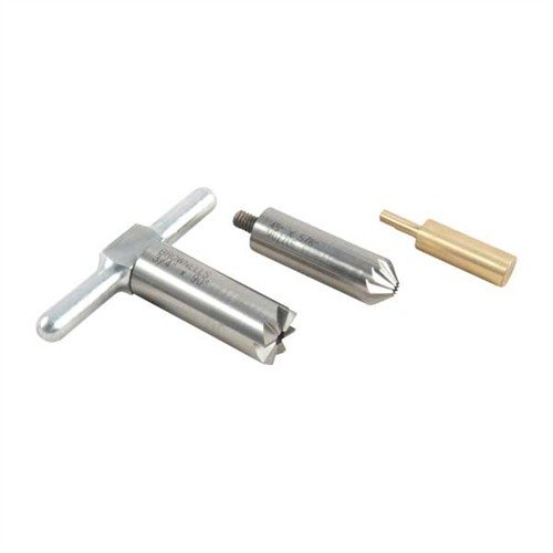 Le BRASS ONE CALIBER SET te permet de redresser et chanfreiner les bouches de fusil et de pistolet facilement, avec des outils interchangeables pour différents calibres.