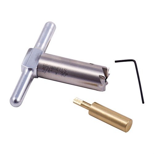 Le 90° MUZZLE FACING CUTTER en acier trempé te permet de redresser et réparer les bords de ton canon, avec un pilote interchangeable pour plusieurs calibres.