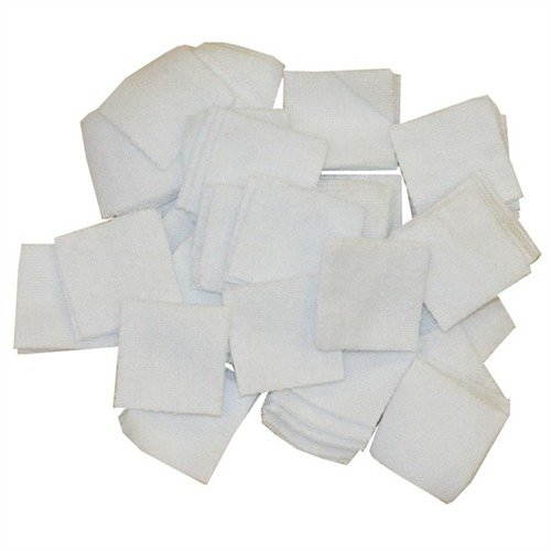 Choisis tes patchs de nettoyage en flanelle 100% coton Brownells, pratiques et légers, parfaits pour le tir ou la chasse, disponibles en sachets refermables.