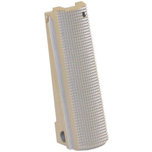 Le FLAT mainspring housing pour 1911 offre un contrôle de prise optimal avec un design élégant, disponible en 25 lpi checkering et plusieurs motifs pour un confort maximal.