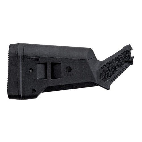 Le SGA Buttstock pour Mossberg 500/590 est ambidextre, ajustable en longueur, avec un pad anti-recul et des boucles pour sangle intégrées. Pratique et ergonomique!