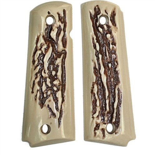 Les grips 1911 'EXOTIC' en résine polyuréthane imitent l'ivoire et le bois de cerf, durables et élégants, sans éclats ni fissures, avec un ajustement précis.