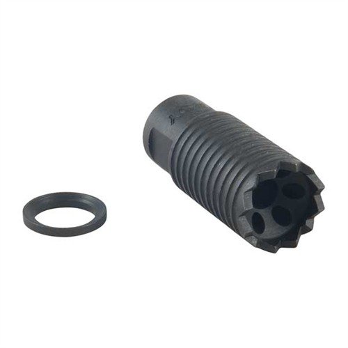 Le Claymore Muzzle Brake 30 Caliber de TROY INDUSTRIES réduit le recul, dirige le bruit vers l'avant et peut servir de dispositif de brèche, avec une inscription humoristique.