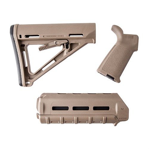 Améliore ton AR-15 avec le set de mobilier MOE de Magpul, comprenant une crosse Mil-Spec, un garde-main carabine et une poignée, disponible en plusieurs couleurs.