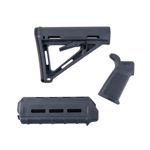 Améliore ton AR-15 avec le set de mobilier MOE de Magpul, incluant une crosse Mil-Spec, un garde-main carabine et une poignée, disponibles en plusieurs couleurs.
