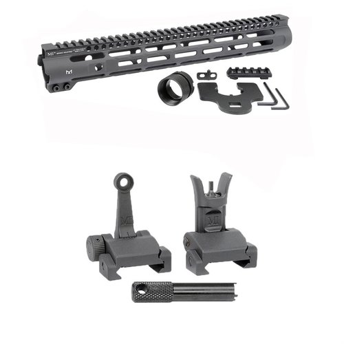 Améliore ton AR-15 avec le handguard Slim Line de Midwest Industries et des Flip-Up Combat Sights, offrant un rail Picatinny et des points M-LOK.