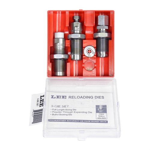 Le set de dies en acier Lee 3-Die pour fusil inclut un die de dimensionnement, un die de chargement et un die d'expansion, idéal pour des rechargements précis.