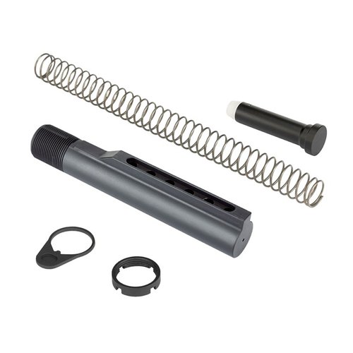 Le kit AR-15 Military-Spec Buffer Tube est fabriqué en aluminium 6061 T6, inclut des pièces en acier et est quasiment indestructible, avec garantie à vie.