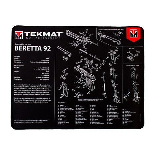 Le TekMat Ultra 20 est imperméable, résistant aux rayures et aux produits chimiques, avec des schémas pour un démontage facile de ton Beretta 92.