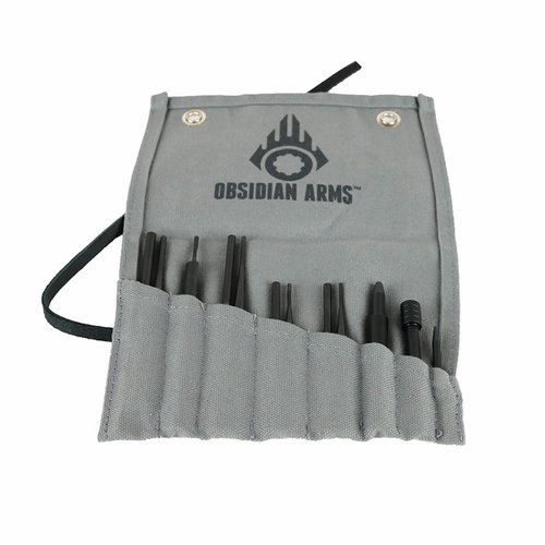 Découvre le set de 12 punches d'Obsidian Arms, fabriqué en acier 4140, parfait pour assembler ou démonter ton AR-15, avec garantie à vie!