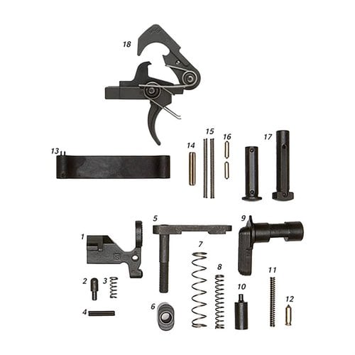 Le kit complet de pièces inférieures AR-15 avec le déclencheur QMS inclut tout ce qu'il te faut pour assembler ton lower, avec option grip ou sans!