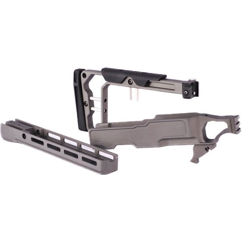 Le LACHASSIS de Grey Birch est léger, modulaire et ajustable, offrant un support sécurisé pour ton arme, avec des options de crosse et de forend compatibles M-Lok.