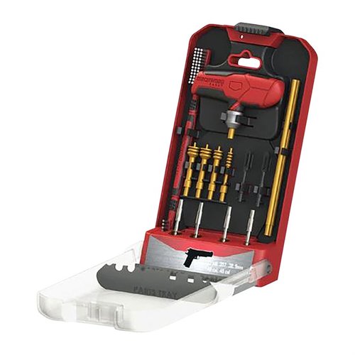 Le kit de nettoyage de pistolet 16 pièces de Birchwood Casey inclut un manche personnalisé avec un mandrin verrouillable et une mallette innovante pour protéger tes outils.