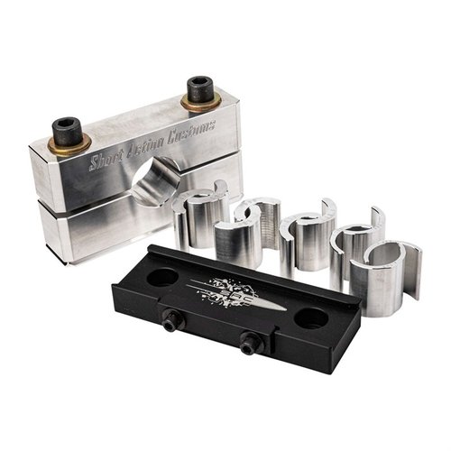 Le Bravo Barrel Vise Kit offre une fixation solide en aluminium 7075, 5 bushings, et une garantie à vie, parfait pour travailler sans marquer tes canons.