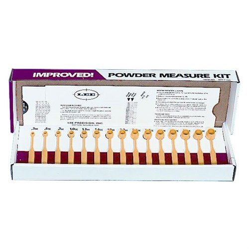 Le kit de mesure de poudre Lee comprend 15 dosettes graduées de .3cc à 4.3cc, parfait pour un dosage précis et facile grâce à la carte de distribution incluse.