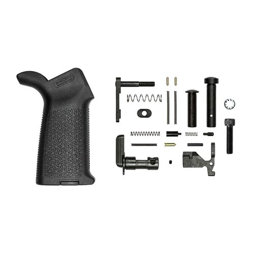 Le kit de pièces M4E1 d'Aero Precision avec poignée MOE en noir est parfait pour assembler ton Lower Receiver, sans trigger guard, idéal pour un upgrade.