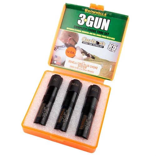 Le set de choke tubes 3-Gun de Brownells te permet de choisir entre Full, Modified et Improved Cylinder pour des performances optimales en compétition.