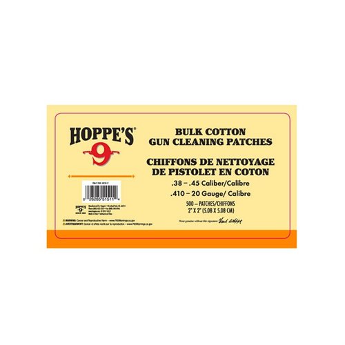 Les patchs HOPPE'S .38-.45 CAL et .410-20 GA sont idéaux pour un nettoyage efficace, avec 40 pièces par pack pour un entretien facile de ton équipement.