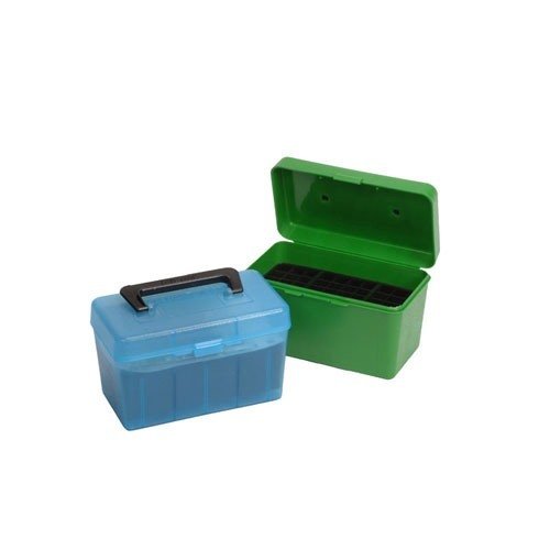 La MTM Deluxe Ammo Box peut contenir 50 cartouches 300 WSM et 300 Rem Ultra Mag, avec une poignée pour un transport facile et une protection optimale.