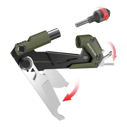 Le Gun Tool CORE est compact et polyvalent, idéal pour changer des choke tubes, débloquer des pannes et ajuster des optiques, tout en se fixant facilement à ton équipement.