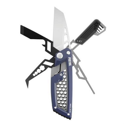 Le PISTOL GUN TOOL EDGE de REAL AVID est un multi-tool robuste avec une lame Wharncliffe, des clés hexagonales et des outils en acier inoxydable pour un entretien efficace.