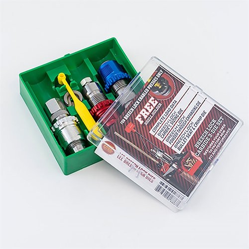 Le jeu de dies Lee Breech Lock Carbide 3-Die pour .38 ACP inclut un die de sizing, un die de seating et un die d'expansion, avec des accessoires pratiques.