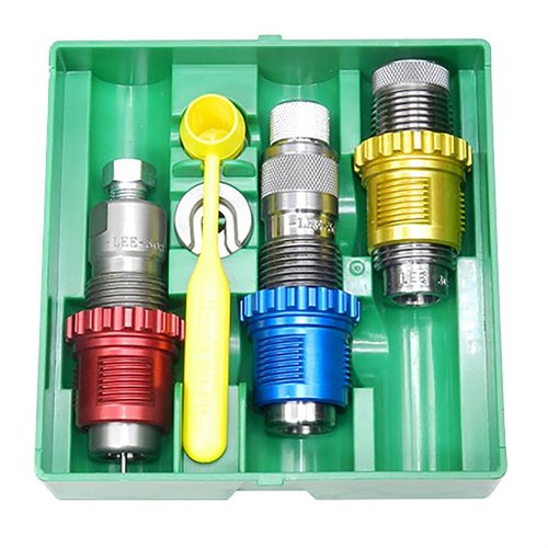 Le jeu de 3 dies Lee Breech Lock pour .270 Winchester inclut des bushings colorés, un die de sizing, un die de seating et un die de crimp pour un rechargement facile.