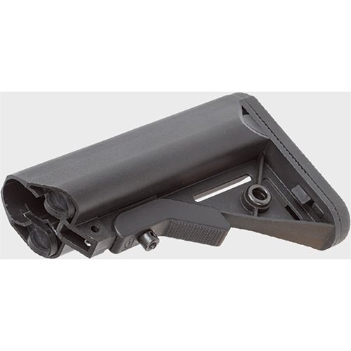 Le LMT SOPMOD Buttstock offre un confort optimal avec son pad en caoutchouc, un meilleur maintien de la joue, des compartiments étanches et des inserts QD.