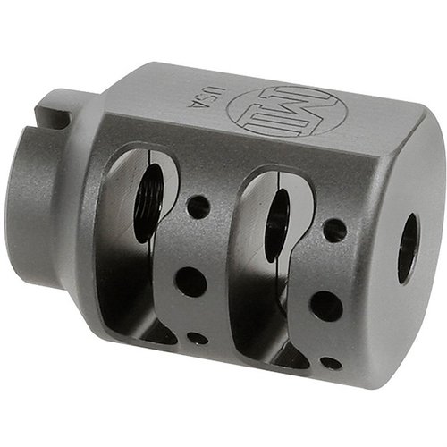 Le ALPHA TANK BRAKE réduit efficacement le relevé du canon grâce à son design à double chambre, en acier inoxydable 416, avec finition Black Nitride.