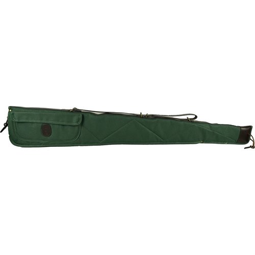 Le Bob Allen Canvas Shotgun Case est résistant à l'eau, avec un intérieur en flanelle matelassée, une sangle en cuir et une poche pour accessoires de 10"x4.5".