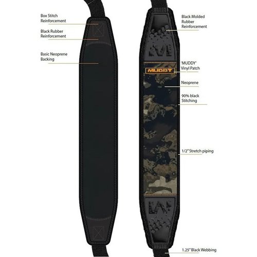 La sangle Muddy Pathfinder en néoprène offre confort et durabilité, avec un support anti-glisse et un montage QD pour une fixation rapide et sécurisée.