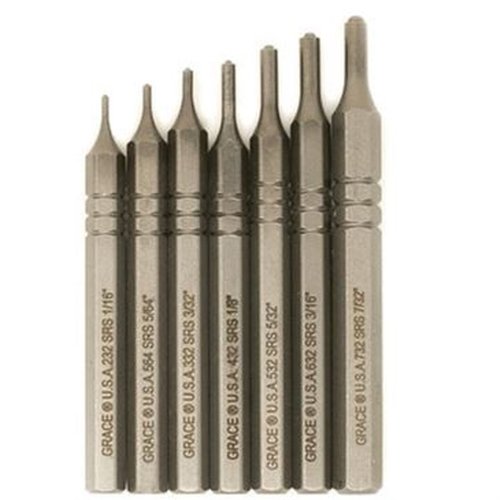 Le set de punches courts Grace USA, en acier haute carbone, offre précision, durabilité et stabilité grâce à son design hexagonal, idéal pour le travail minutieux.