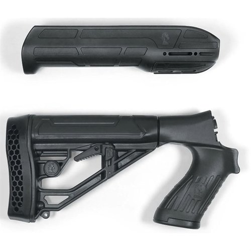 Améliore ton Mossberg 500/590/88 avec la crosse et le garde-main ajustables EX Performance, légers, robustes et dotés d'un rail Picatinny pour accessoires.