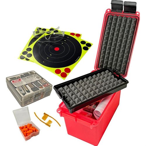 Le PISTOL RANGE KIT de MTM est compact, étanche et sécurisé, avec un plateau rembourré, un rangement pour 5 chargeurs, protection auditive et visuelle, et cibles.