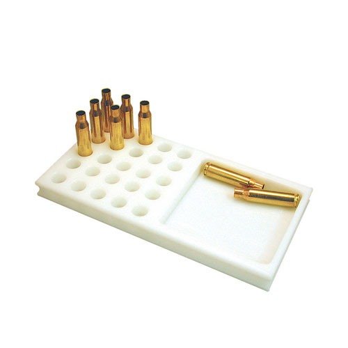 Le bloc de chargement Sinclair en polyéthylène durable, facile à nettoyer, avec 25 trous et un plateau pour les douilles vides, idéal pour les tireurs de compétition.